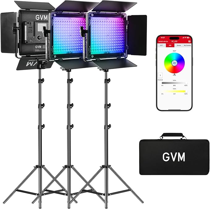 GVM RGB LED Video Light Kits, 800D 6X Upgraded Studio Lights with Optical Lens, Photography Lighting with 20 Scene Modes, Panel Lights with 19500 Lux/0.5m, Content, Filming, Portable, 3 Packs