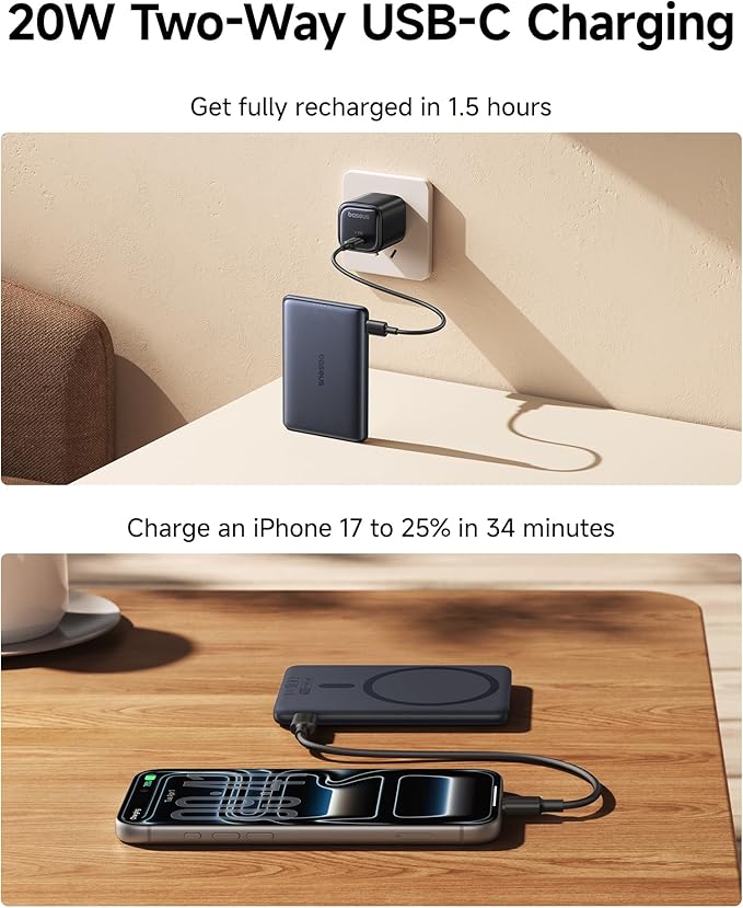 Baseus Picogo Power Bank, Smallest 5,000mAh Magnetic Wireless Charger with USB-C Braided Cable, Fast Charging Portable Battery Pack, NTC Safety Alloy Travel Essential for iPhone 7 Pro Max/17 Air/17e