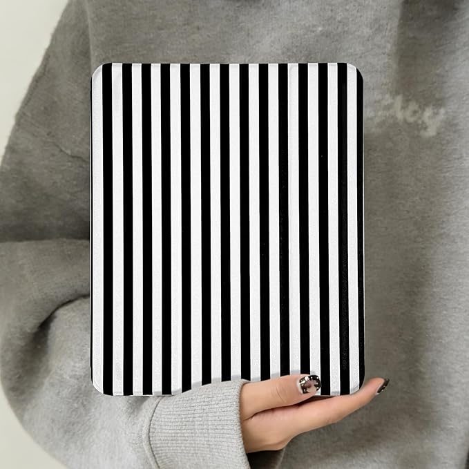 Lovmooful Compatible for iPad Pro 12.9-Inch 2022/2021/2020/2018 (6th/5th/4th/3rd Generation) Case with Pencil Holder Cute Striped with Aesthetic Design Soft TPU Trifold Stand Protective-Black&White