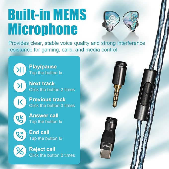 HiFiGo Juzear Defiant Gamefidelity Edition Gaming IEMs with Mic, 1DD+3BA Hybrid Drivers Wired Earbuds, 3.5mm+Type-C for PC/PS5/Switch/Mobile, FPS Footstep Soundstage (Blue)