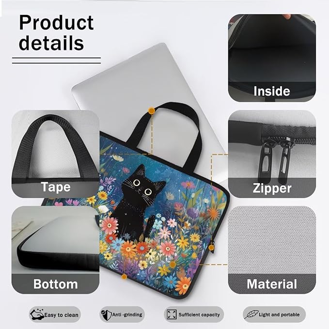 Art Cat Shockproof Portable Laptop Sleeve Case 13 Inch for Men and Women Neoprene Cover Soft Carrying Travel Case Fit Dell Lenovo Toshiba HP Chromebook (Whimsical Floral)
