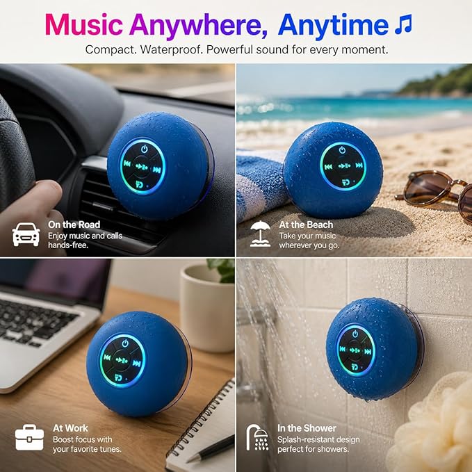Bluetooth Shower Speaker with LED – Portable Wireless Mini Speaker with Mic & Suction Cup, IPX4 Water Resistant for Shower, Travel, Pool, River Floating, and Outdoor Fun (Blue)