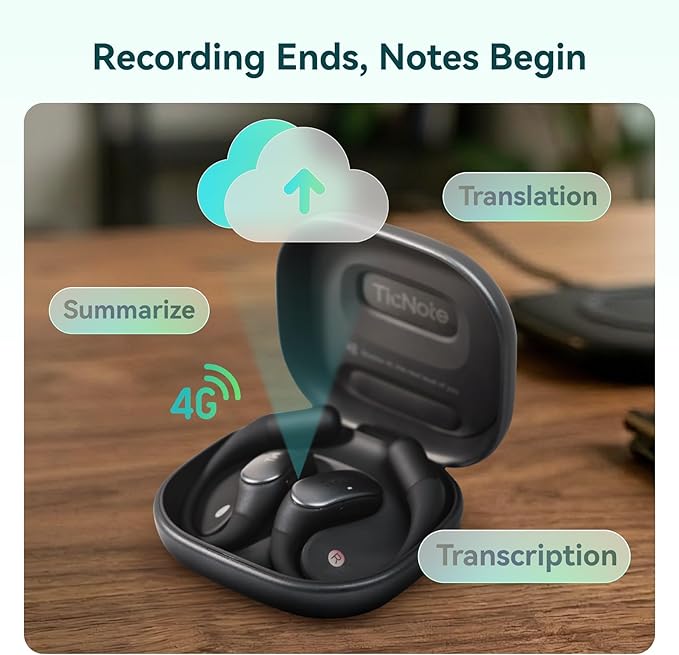 Mobvoi TicNote Pods Wearable AI Voice Recorder with 4G, No Phone Needed, Voice Activated, AI Transcription & Translation,Auto Transcription & Meeting Notes,120+ Languages, 5-Hour Battery, White