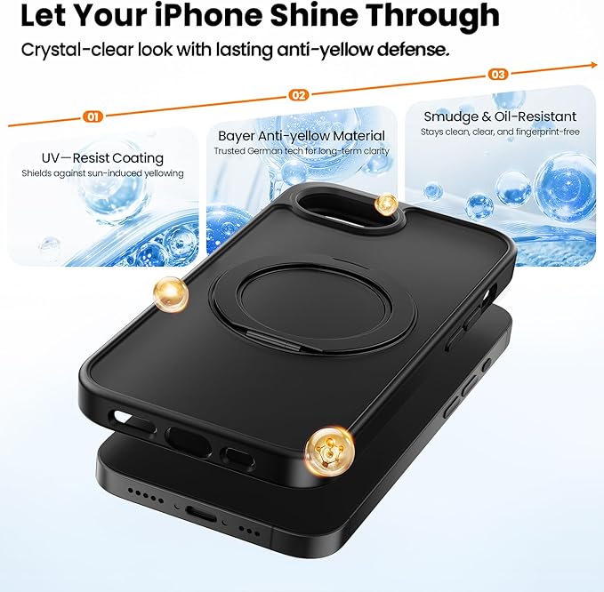 360°Ring Stand for iPhone 16E/17E Case with 2X Screen Protector,Fit for MagSafe, Anti-Yellowing & Scratch-Resistant Back Phone Case for iPhone 16E/17E 6.1", Black