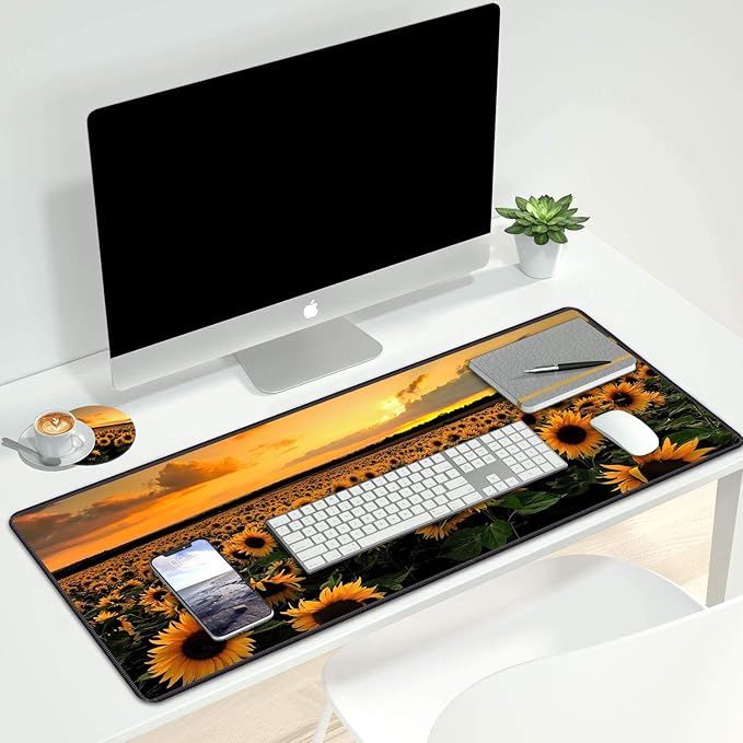 Desk Pad Mat Gaming Mouse Pads with Coasters Set, Stitched Edges Design Mouse Pad XXL Large Mouse Pad for Laptop Computers Sunflower Field Desk Writing Mat for Office & Home 31.5x 11.8