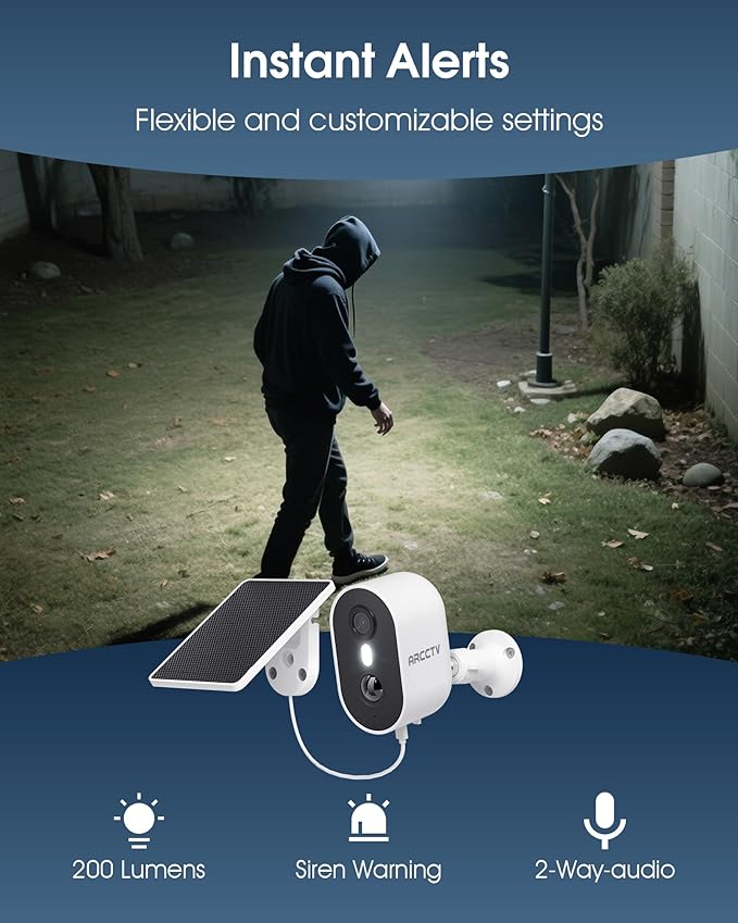ARCCTV Security Camera Wireless Outdoor, 4MP Recharge Battery Powered WiFi Camera with Solar Panel, Motion Detection, Color Night Vision, 2-Way-Audio, 2.4G/5G Dual Band WiFi