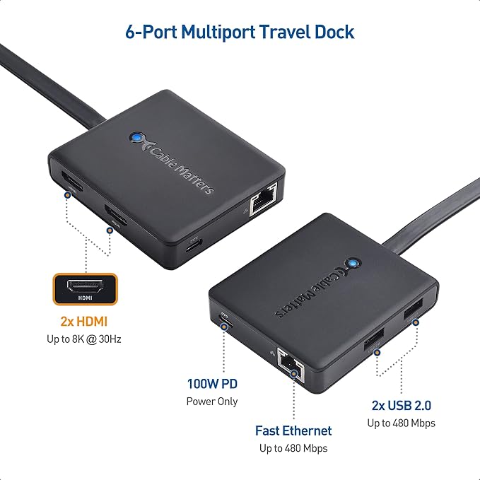 Cable Matters Dual Monitor USB C Hub (USBC Dock) with Dual 4K HDMI, 2X USB 2.0, Ethernet, and 100W Charging - Thunderbolt 4 / USB4 / Thunderbolt 3 Port Compatible with Windows