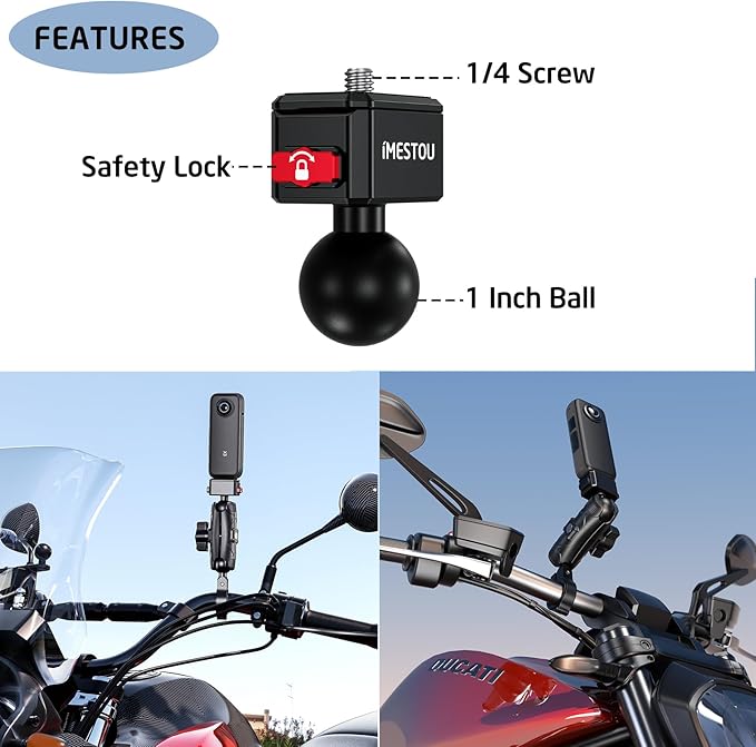 iMESTOU Sports Camera Riding Mount with 1/4 Screw for Insta 360 Action Camera Installing and 1“ Ball Head 360° Adjustable Fits for RAM 1" Ball Bike Phone Mounts