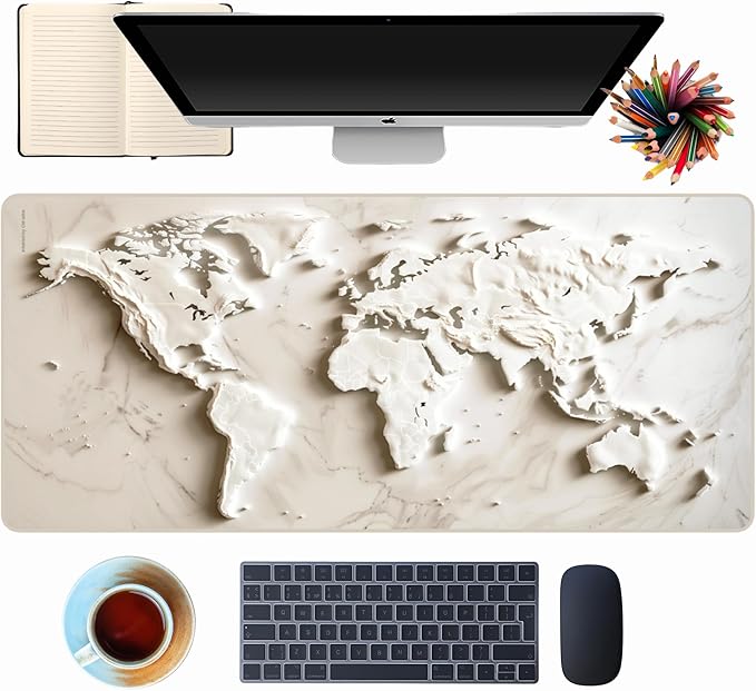 White Marble World Map Desk Pad – Large Mouse Mat for Keyboard and Mouse, Topographic Non-Slip Surface for Desktop
