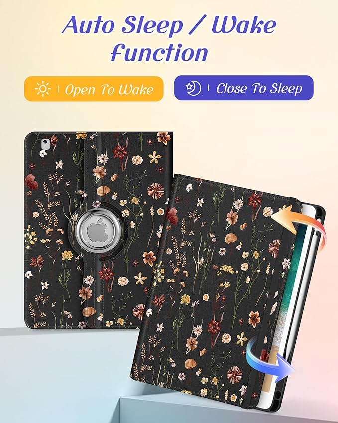 Kidcube for iPad 5th Generation Case 2017/Air 1st 2013/Pro 9.7 Inch Case 2016 - Women Girls Kids Cute Rotating Stand Folio Cover with Pencil Holder & Card Slot Girly Flowers Floral Unique Design Cover