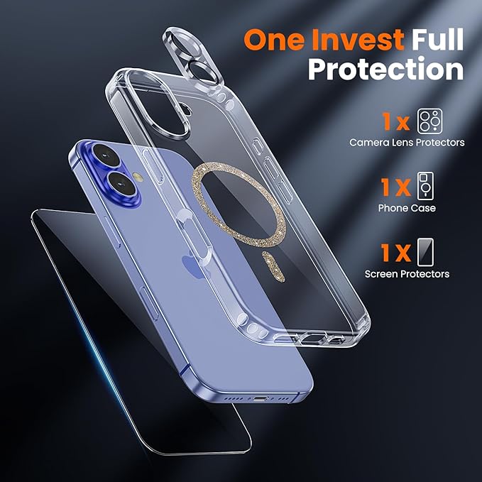 toushion 3 in 1 for iPhone 16 Plus Case Clear Colored Mag-Ring | with MagSafe,Screen Protector *1 & Camera Lens Protector*1, Military-Grade Protection