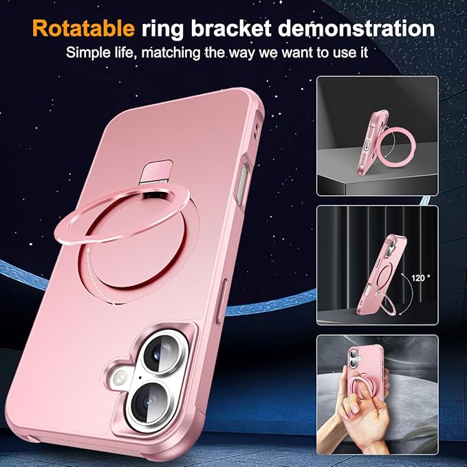 SKYLMW Compatible with iPhone 16 Plus Case with Invisible Magnetic O-Ring Stand Military-Grade Case for iPhone 16 Plus 6.7" [Compatible with Mag-Safe][Great Grip Feeling], Rose Gold