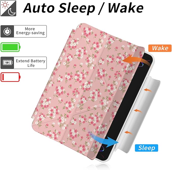 Case for iPad Air 13 Inch M3 (2025)/ M2 (2024) Chip, iPad Pro 12.9” 6th/5th/4th/3rd Generation Case, Origami Trifold Multi-Angle Stand, Magnetic Flap, Full-Protection Cover, Pink Ditsy Floral