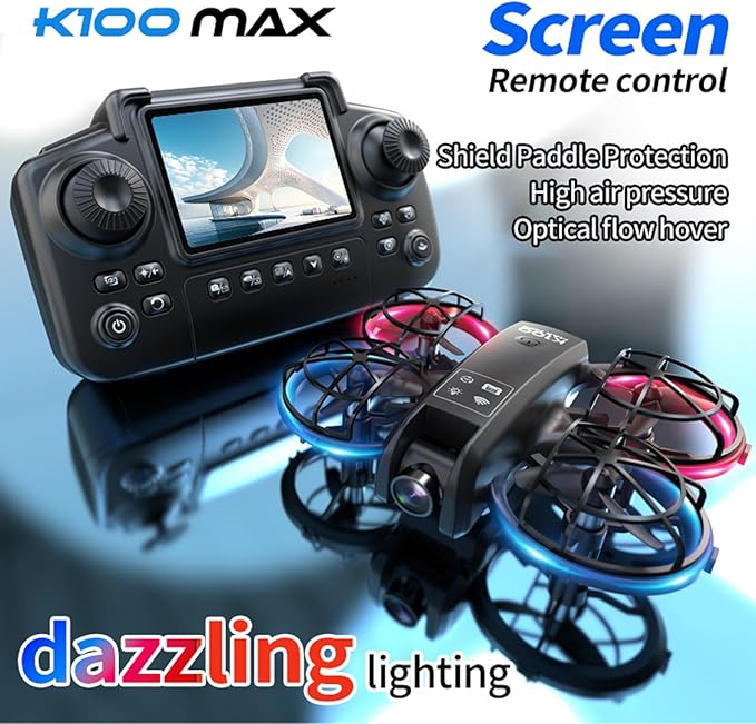K100 Mini Drone with Screen Controller with SD Card, Two-batteries, Optical Flow Positioning, All-round Protection for Flight Paddles, Suitable for Beginner. (2 batteries - White)