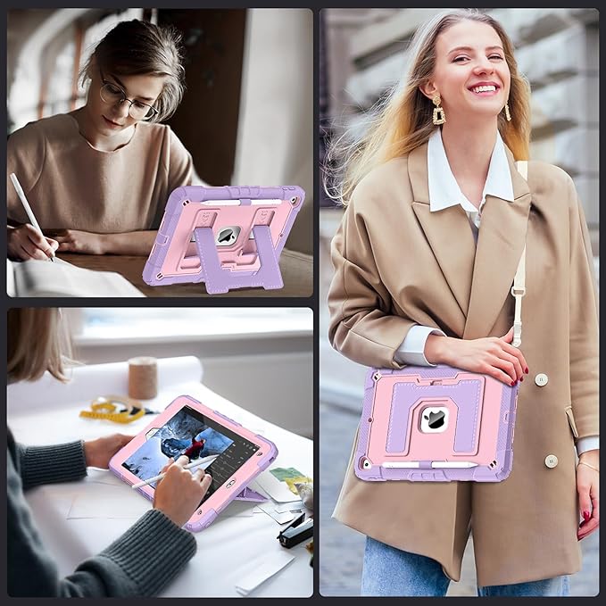 for iPad 9th/ 8th/ 7th Generation 10.2 Inch (2021/2020/ 2019) iPad Case 9th Generation with Pencil Holder,Heavy Duty Shockproof Cover for i Pad 9th/8th/7th Gen,Purple Rose