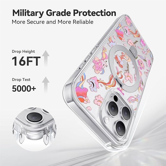 CASEKOO Floral Series [ArtCollab x Leah Han] Floral Jellyfish for iPhone 16 Pro Case with Magnetic Ring Stand [Compatible with MagSafe] [Military-Grade Protection] Clear Back, Soft Edge, for Women