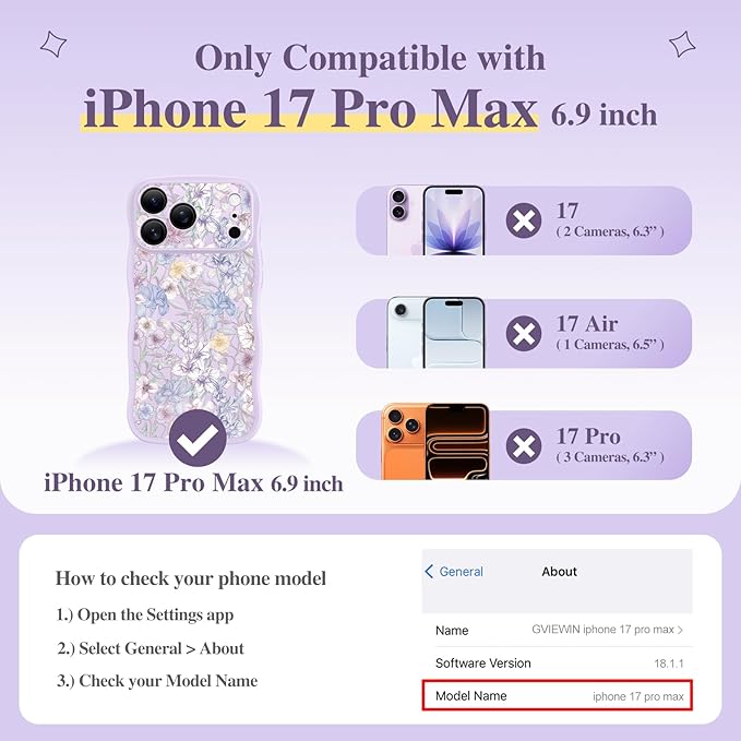 GVIEWIN for iPhone 17 Pro Max Case Compatible with MagSafe [Curly Wave Edge][Full Camera Protection] Floral Translucent Shockproof Magnetic Women Phone Case for 17 Pro Max, Apricot Blossom/Purple