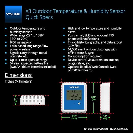 YoLink 2-Pack X3 Version Temperature Humidity Data Logger, Longest Wireless Range, 5+ Years Battery, Emails/Text/App Alerts, Alexa, Best Freezer, Greenhouse Monitor. Hub Included
