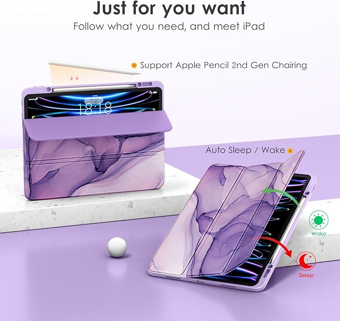 VIKESI Case for iPad Pro 12.9 6th/5th/4th/3rd Generation 2022/2021/2020/2018,TPU Shockproof Frame,Built-in Pencil Holder,Auto Sleep/Wake - Purple Marble
