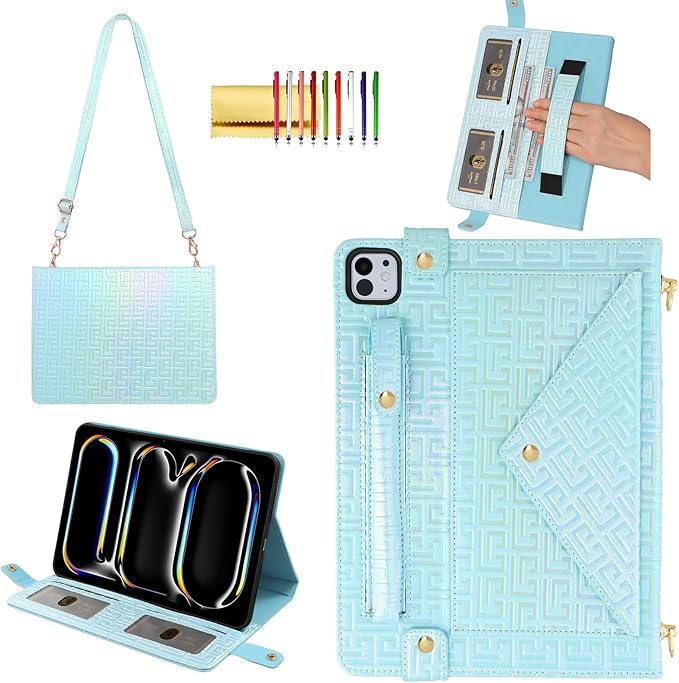 Shiny Case for iPad Pro 11" M5 M4 (2025/2024) Handbag Case, Techcircle Iridescent PU Leather Folio Envelope Pocket Stand Cover with Hand Strap+Shoulder Strap+Pencil Holder+Card Slots, Shiny Blue