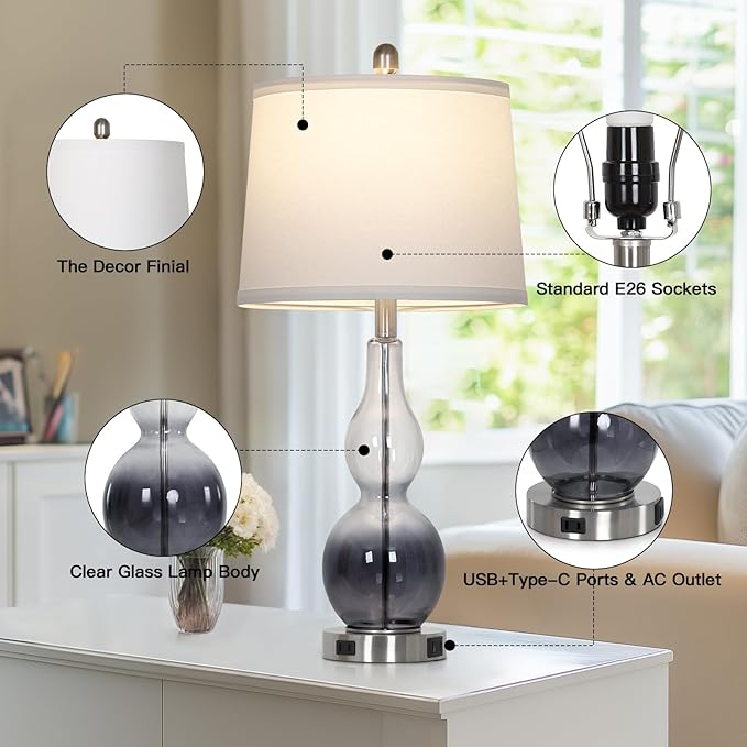 Rinweey 27.5" Gradual Gray Clear Glass Table Lamp Set of 2,3-Way Dimmable Touch Control Bedside Lamps with USB Ports and AC Outlet, Modern Nightstand Lamps for Bedroom Living Room