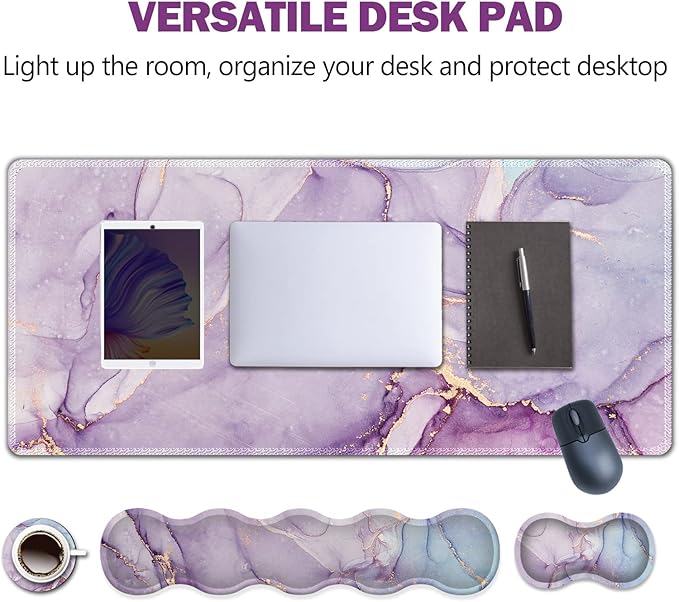 Upgraded Extended Gaming Mouse Pad, Keyboard Wrist Rest Pad, Wrist Support Mousepad Set, Artso Large Stable Rubber Base Stitched Edges, Multifunctional Desk Pad (35 x15.5 in), Purple Blue Marble