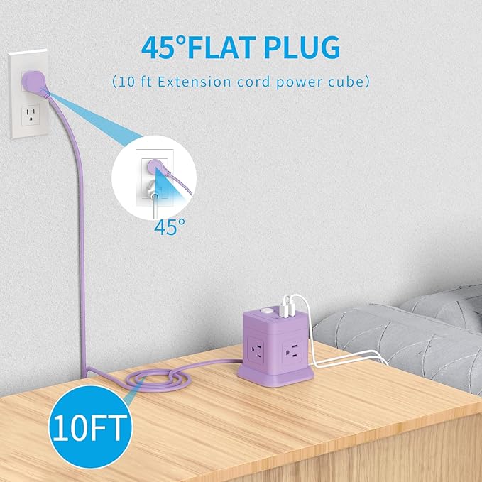 Cube Power Strip, FDTEK 4 Widely Spaced Outlet with 3 USB (1 USB C) Flat Plug Power Strips with Long Extension Cords Space Save Compact Portable for Travel Home Office Cruise (Purple) 10FT