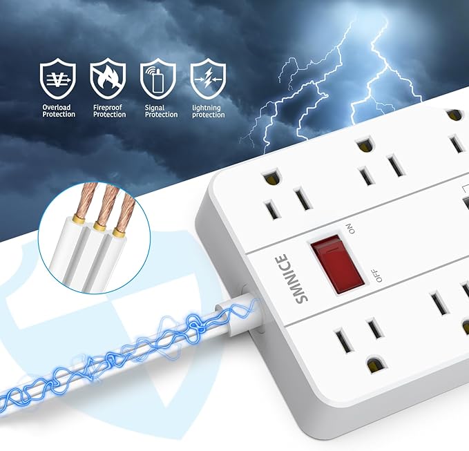 SMNICE Power Strip with USB,Surge Protector Flat Plug with 8 Widely Spaced Outlets and 6 USB Ports(1 USB C), 5ft Extension Cord Wall Mountable Phone Tablet Laptop Computer Multiple Devices