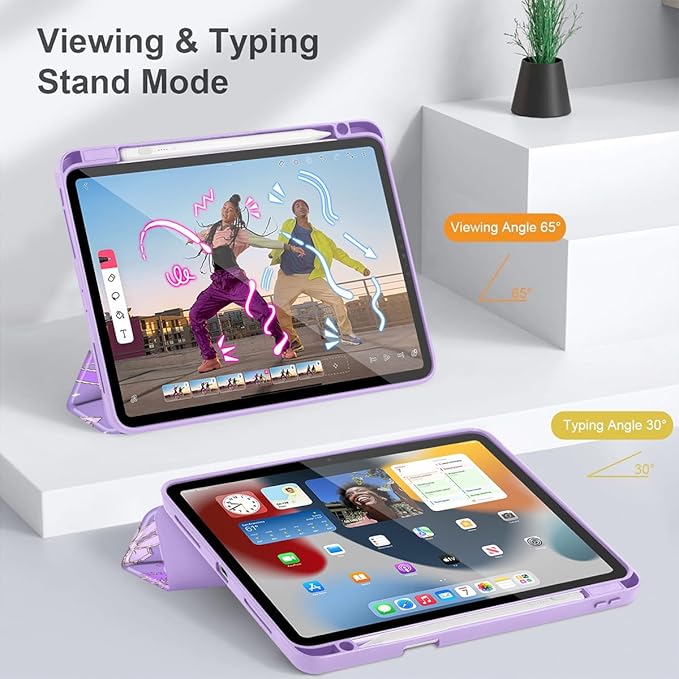 Tuiklol for iPad Pro 11 Inch 4th / 3rd / 2nd / 1st Gen (2022 2021 2020 2018) Case -Built-in Pencil Holder Shockproof Cover Clear Transparent Back Shell with Auto Wake/Sleep, Bow & Rose Purple