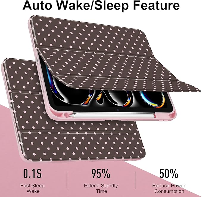 TWOLSKOO Case for iPad Pro 11-inch (M5 2025 / M4 2024), Clear Acrylic Back with TPU Bumper, Pencil Holder, Trifold Stand, Auto Sleep/Wake, Chocolate Polka Dot