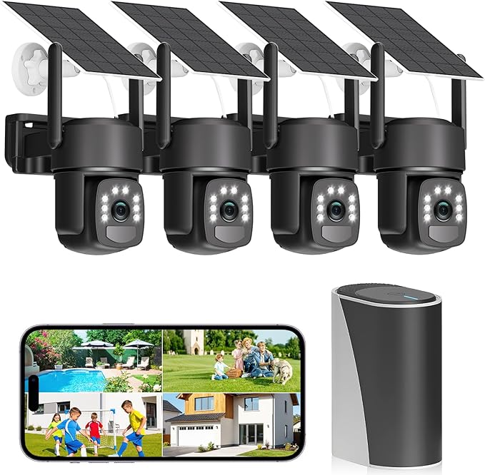 Solar Security Cameras Wireless Outdoor, 4 Cam-Kit, Solar-Powered, No Subscription,Home Security Cameras System with 4MP Color Night Vision, Auto Tracking, Pan & Tilt, Spotlight & Siren, 2.4 & 5G WiFi
