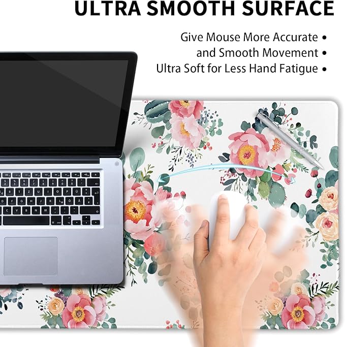Kawani Pink Floral Gaming Mouse Pad & Keyboard Mat, XXL Large (31.5x11.8 Inch), Waterproof, Non-Slip, Soft, Fabric & Rubber