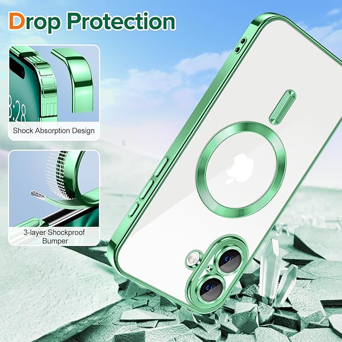 Hython Magnetic Clear for iPhone 16 Case with Camera Lens Protector [Compatible with MagSafe] Luxury Plating Edge Slim Soft TPU Cover Protective Phone Case for iPhone 16 6.1", Light Green