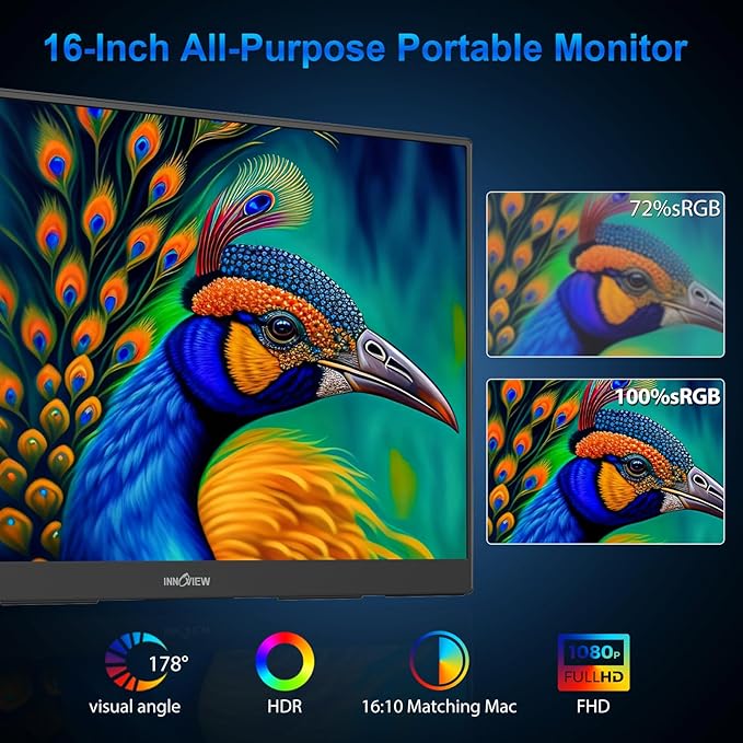 InnoView 16 inch Portable Monitor 180Hz Portable Gaming Monitor, 1200P FHD External Travel Monitor, Lightweight, Mini HDMI Extra Second Screen for Laptop, PC, PS5, Mac, Xbox (Not Includes Adapter)