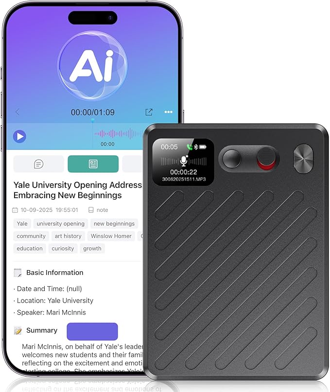 AI Voice Recorder, Note Taking Device, Transcribe & Summarize, Voice Recorder With Display, App Control, Supports 132+ Languages, 100H, 64GB, Magnetic Audio Recorder for Lectures Meetings Calls, Black