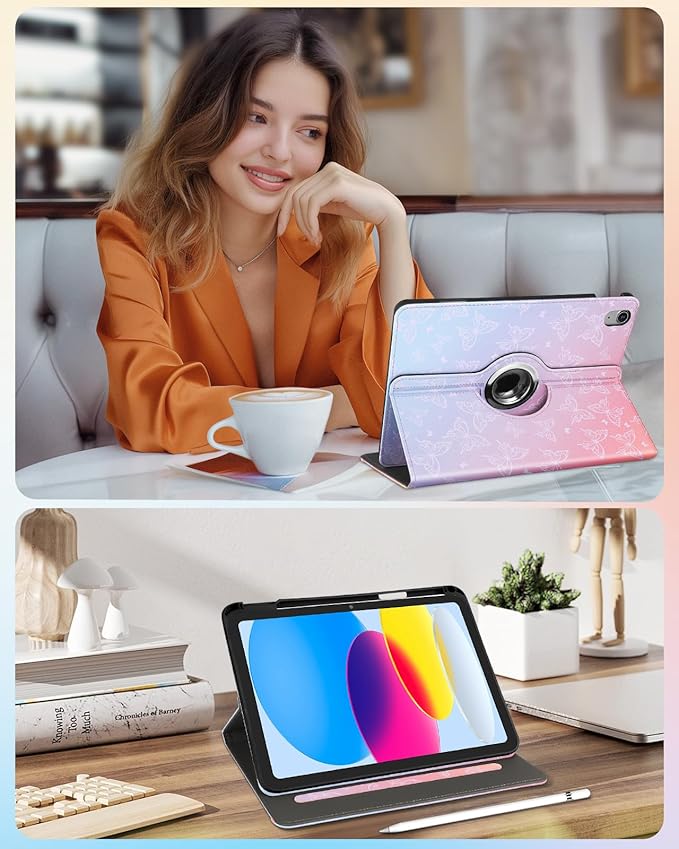 Kidcube for iPad 10th Generation Case 2022, for iPad (A16) Case 11th Generation 2025 - Women Girls Cute Rotating Stand Folio Cover with Pencil Holder & Card Slot Girly Kawaii Butterfly Design Cases