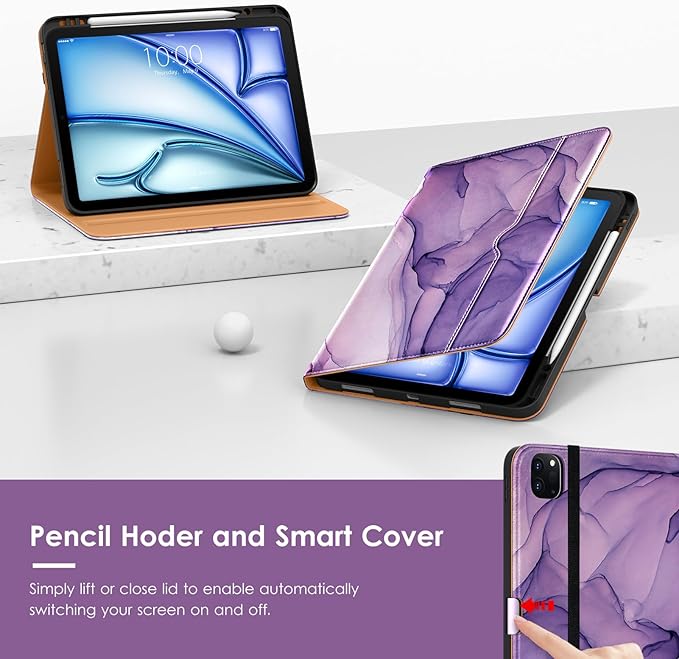 VIKESI Case for iPad Air 13 inch (M4) 2026 / (M3) 2025 / (M2) 2024,Premium Leather Folio,Apple Pencil Holder,Auto Sleep/Wake,Stand Cover - Purple Marble