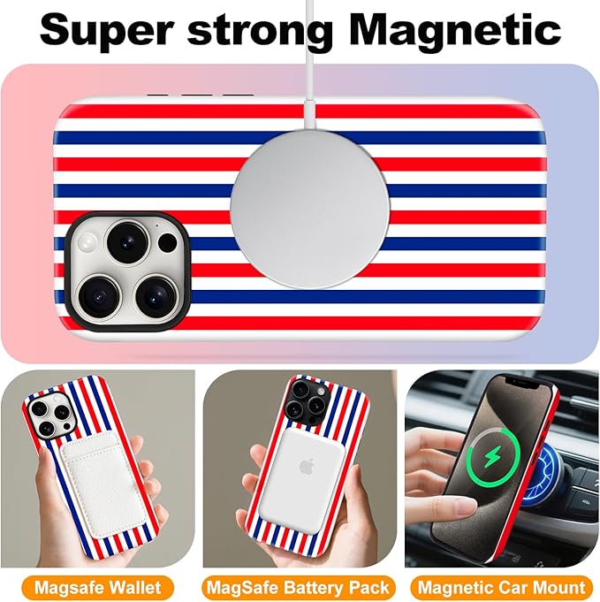 Magnetic for iPhone 13/14 Case Cute Stripes Phone Case, Shockproof Slim TPU and Hard PC Protective Phone Cover Compatible with MagSafe Designed for Women Girls, Red and Blue