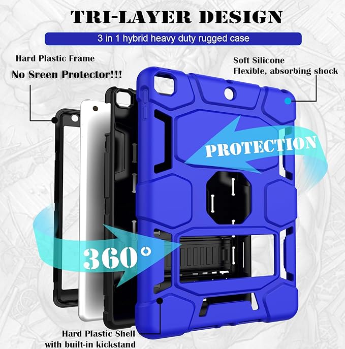 CCMAO for iPad 9th Generation Case, iPad 8th 7th Generation Case, iPad 10.2 Inch 2021/2020/2019 Case, Heavy Duty Rugged Shockproof Protective Cover with Kickstand, Dark Blue+Black