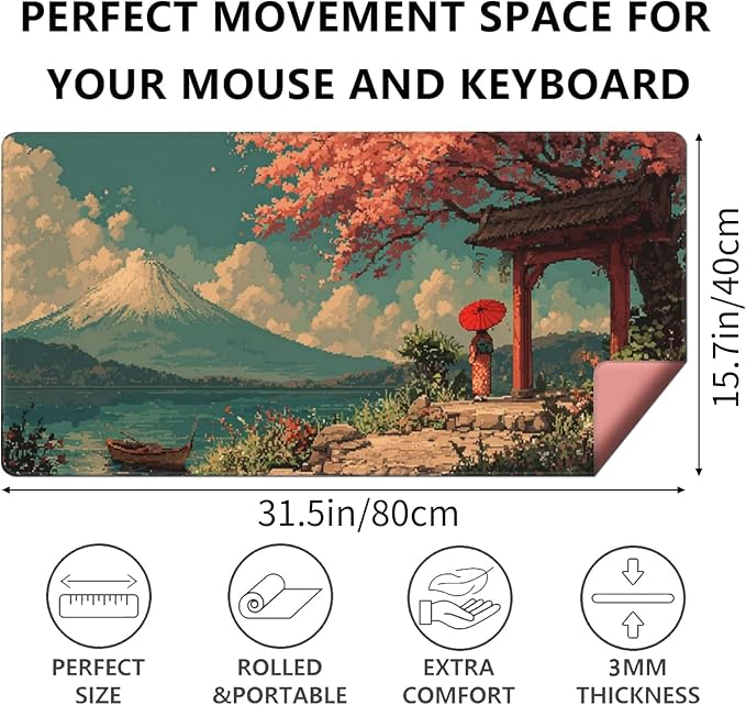 AQQA Pink Japanese Desk Mat with Stitched Edges,31.5" x 15.7" Large Dual-Sided Cherry Blossom Mousepad for Women,Mouse Pad Protector with Waterproof for Laptop Office Accessories