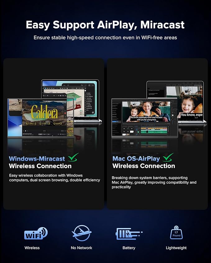 Wireless Portable Monitor with 8000mAh Battery, 15.6" Wireless Monitor, Support AirPlay, Miracast Laptop Display, USB-C & MINI HDMI & VESA, Travel Second Screen for Laptop, Computer, Game Consoles