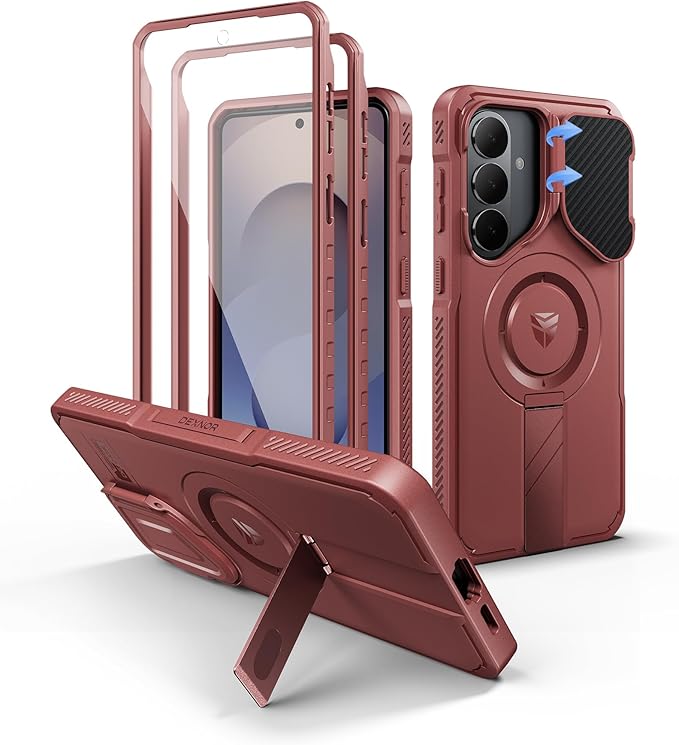 Dexnor for Samsung Galaxy S26 Plus Case with Camera Cover & Adjustable Kickstand & Screen Protector, Compatible with MagSafe, Rugged Shockproof Bumper Cases Magnetic Protective Cover(2026),Maroon Red