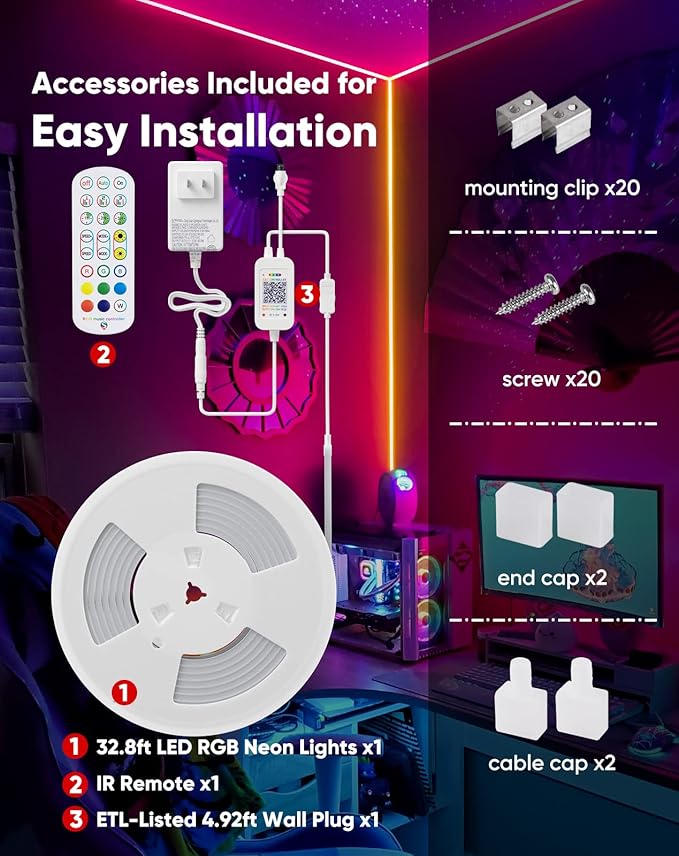 Shine Decor 24V Neon Rope Lights Smart APP Control Music Sync, 32.8FT/10M RGB Neon LED Strip Lighting for Indoor Outdoor Bedroom Gaming Light, Color Changing Dimmable Flexible IP65 Waterproof