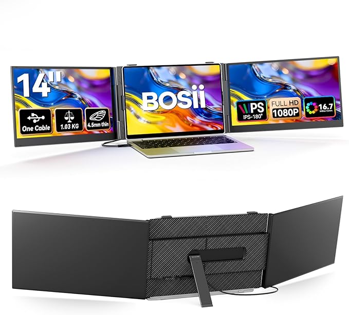 BOSII Laptop Screen Extender One Cable - Triple 14" Ultra Thin IPS FHD 1080P Portable Monitor for 13.3"-17" Laptops Compatible with Windows Mac Travel Work