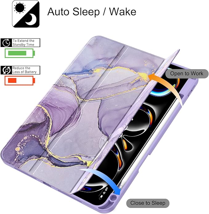 Soke Case for New iPad Pro 11 Inch (M5/M4) 5th Generation 2024-2025 with Pencil Holder - [Shockproof + Apple Pencil Charging + Auto Wake/Sleep], Soft TPU Back Cover for iPad Pro 11", Lilac Marble