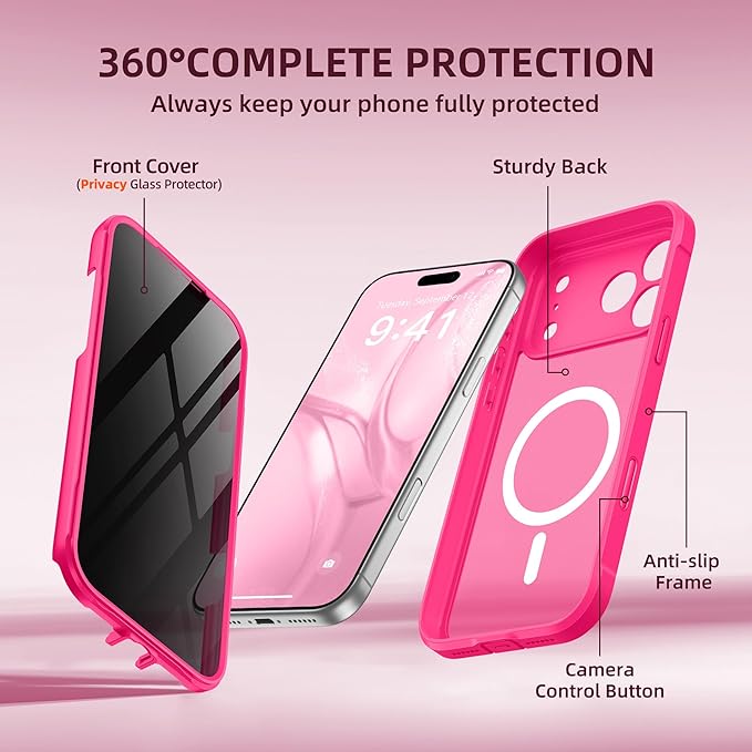 BERFY for iPhone 17 Pro Max Case, Compatible with MagSafe, Built-in Privacy Screen Protector, Camera Protection, Shockproof Full Body Phone Case 6.9", Translucent Hot Pink