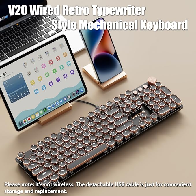 Typewriter Style Mechanical Gaming Keyboard White LED Backlit 104-Key NKRO White Switches Retro Round Keycaps Golden Ring Volume Knob Metal Panel Wired USB-C Detachable Cable, Black