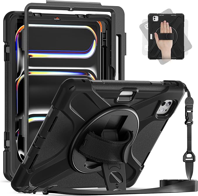 Batianda Case for iPad Pro 13-inch 2025 M5 2024 M4 Chip Heavy Duty Rugged Durability Silicone Tablet Cover with 360° Rotating Hand Strap Foldable Hidden Stand & Shoulder Strap, Black