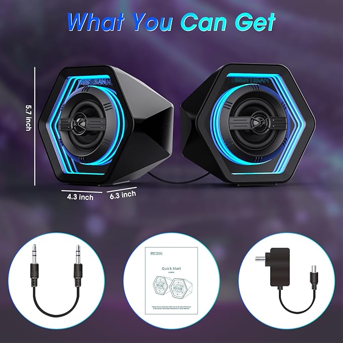 Computer Gaming Speakers, 50W Active Desktop Speakers with Infinity Mirror 3D Tunnel RGB (8 Modes), Bluetooth 5.3, AUX in, Headphone Out & Type-C Input, 3 EQ Modes, AC Powered for PC/Laptop/TV