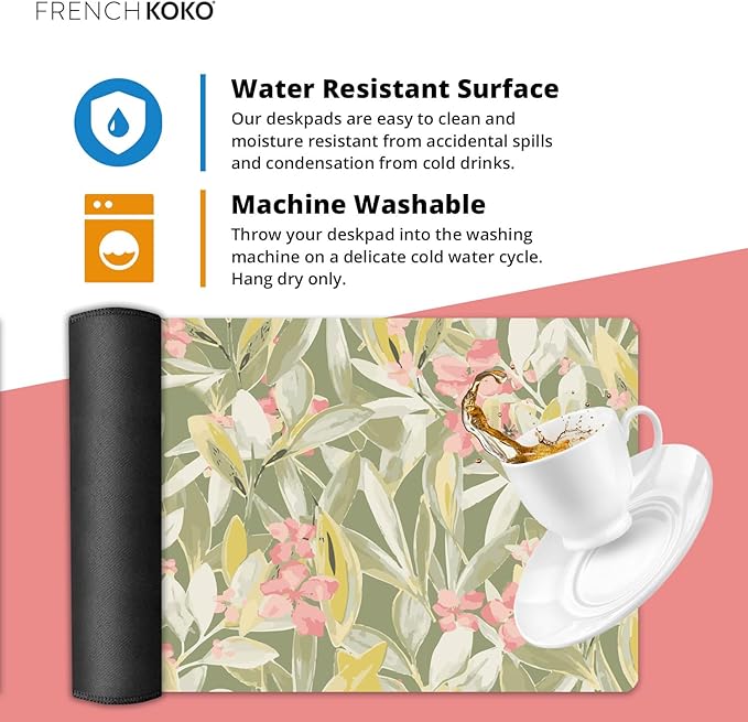 French KOKO Large Desk Mat 36" x 16.5" – Extended Floral Botanical Mouse Pad for Keyboard & Mouse – Non-Slip Waterproof Protector Aesthetic Office Desk Pad for Women